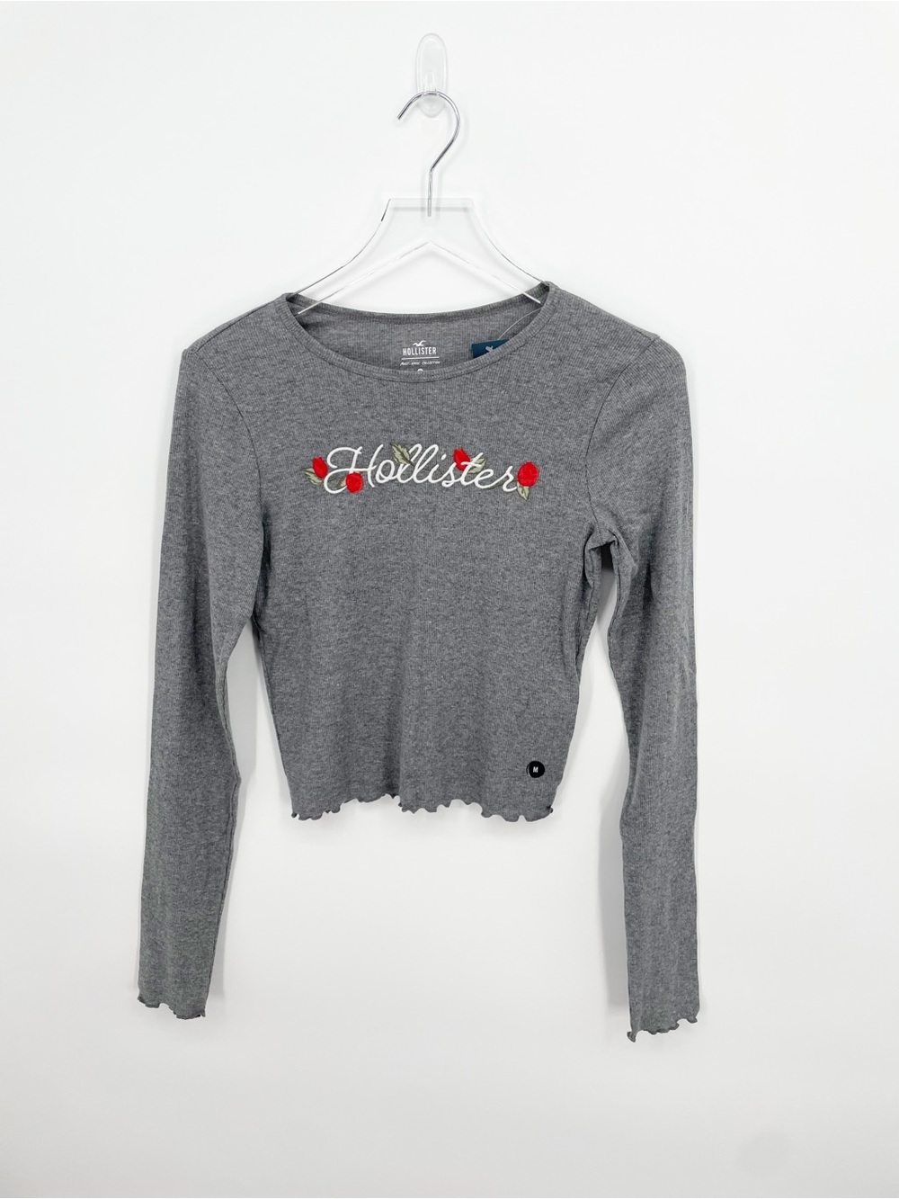 NEW Hollister Logo Gray Cropped Long Sleeve Shirt